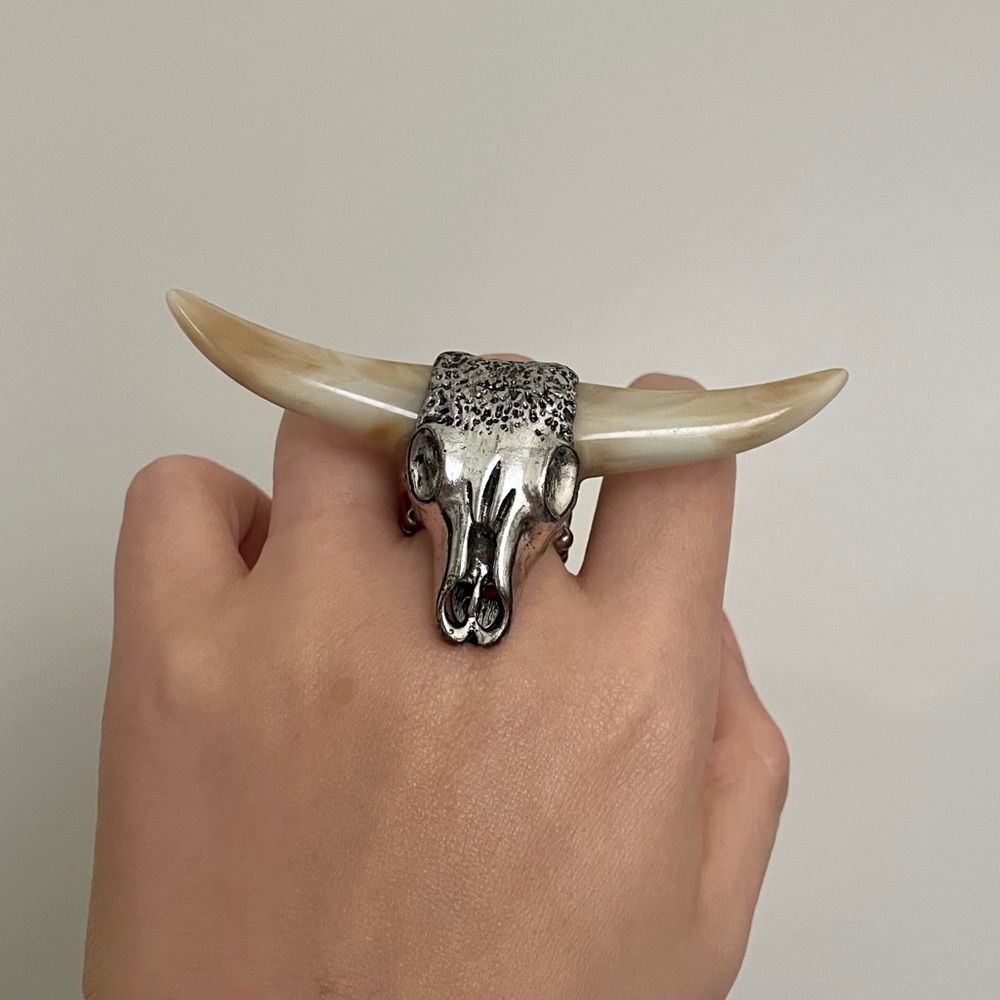 RARE Handmade Silver Longhorn Bull Skull Ring with Marble Horns